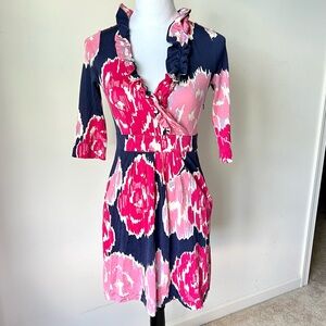 LILLY PULITZER Ruffled Surplice Floral 3/4 Sleeve Knit Dress—SZ. XS